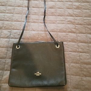 Coach black leather cross-body w/gold chain trim